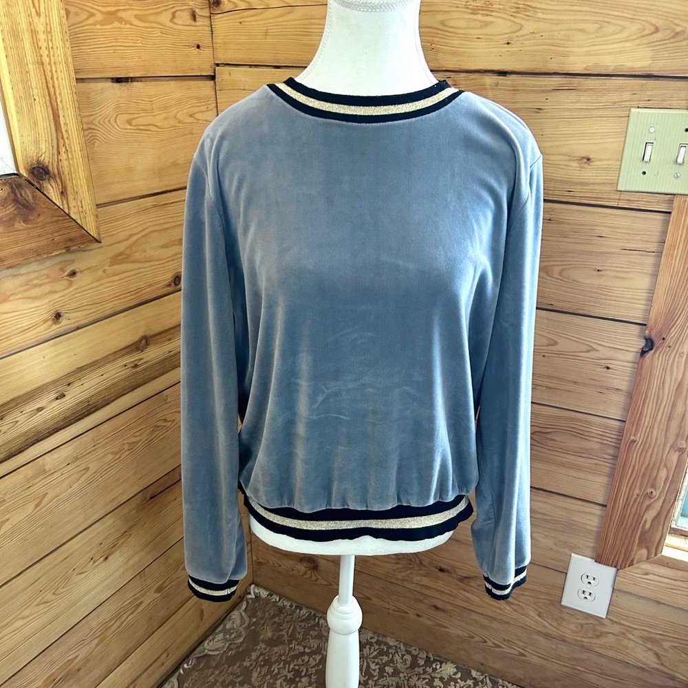 Vintage Pale Blue‎ Velvet Sweater Black & Gold Trim Cotton Women’s Medium Retro